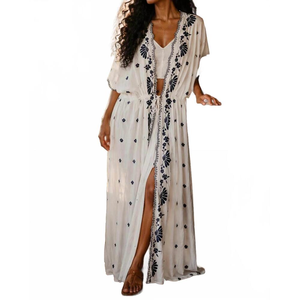 NEW SURELYMINE monet embroidered floral maxi kimono in white